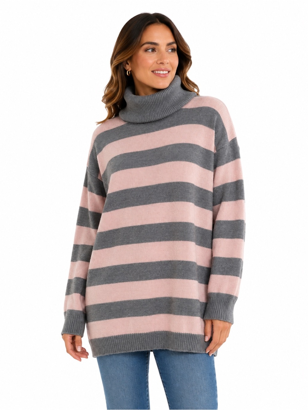 Golden Gate Vintage Wool Blend Striped Turtleneck Sweater Pink Grey Size 38